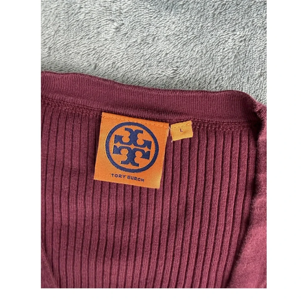 Tory Burch 100% Cotton V-Neck Fitted Cardigan Burgundy Gold Logo Buttons S